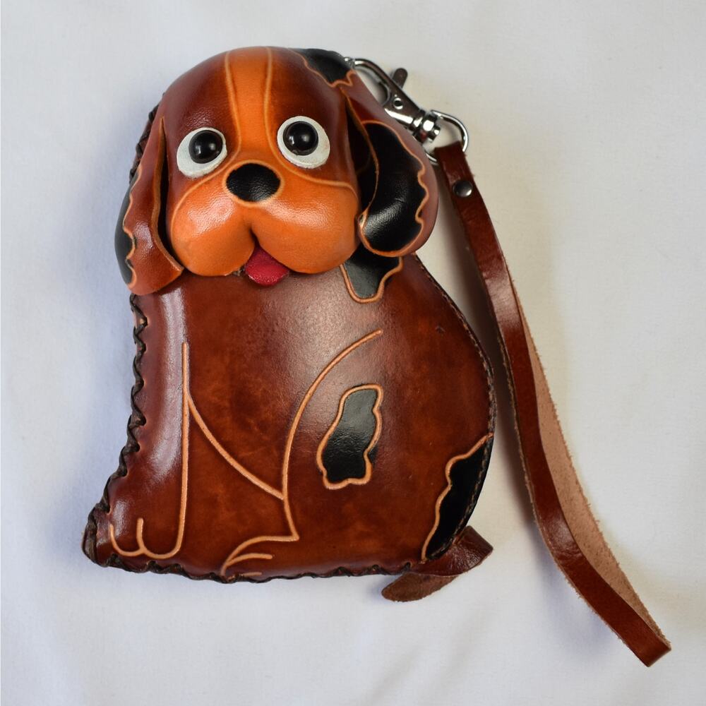 Handmade Leather Dog Coin Purse Puppy Wallet Brown Animal Keychain Bag Charm EUC